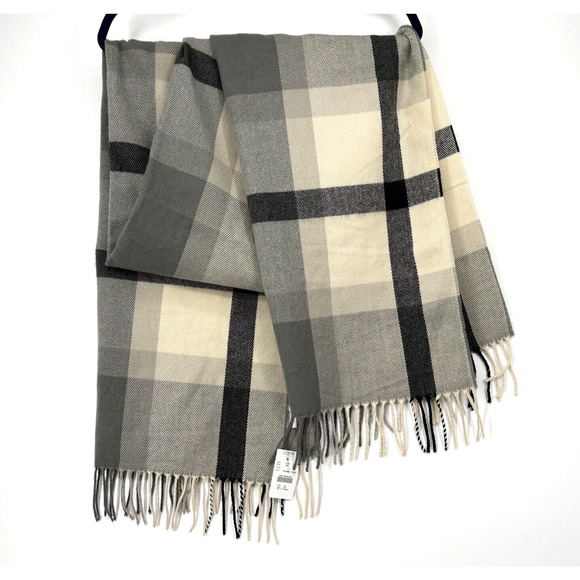 J. Crew Plaid Scarf Wrap Gray Tan Plaid Check Fringe Style NWT - Picture 1 of 6